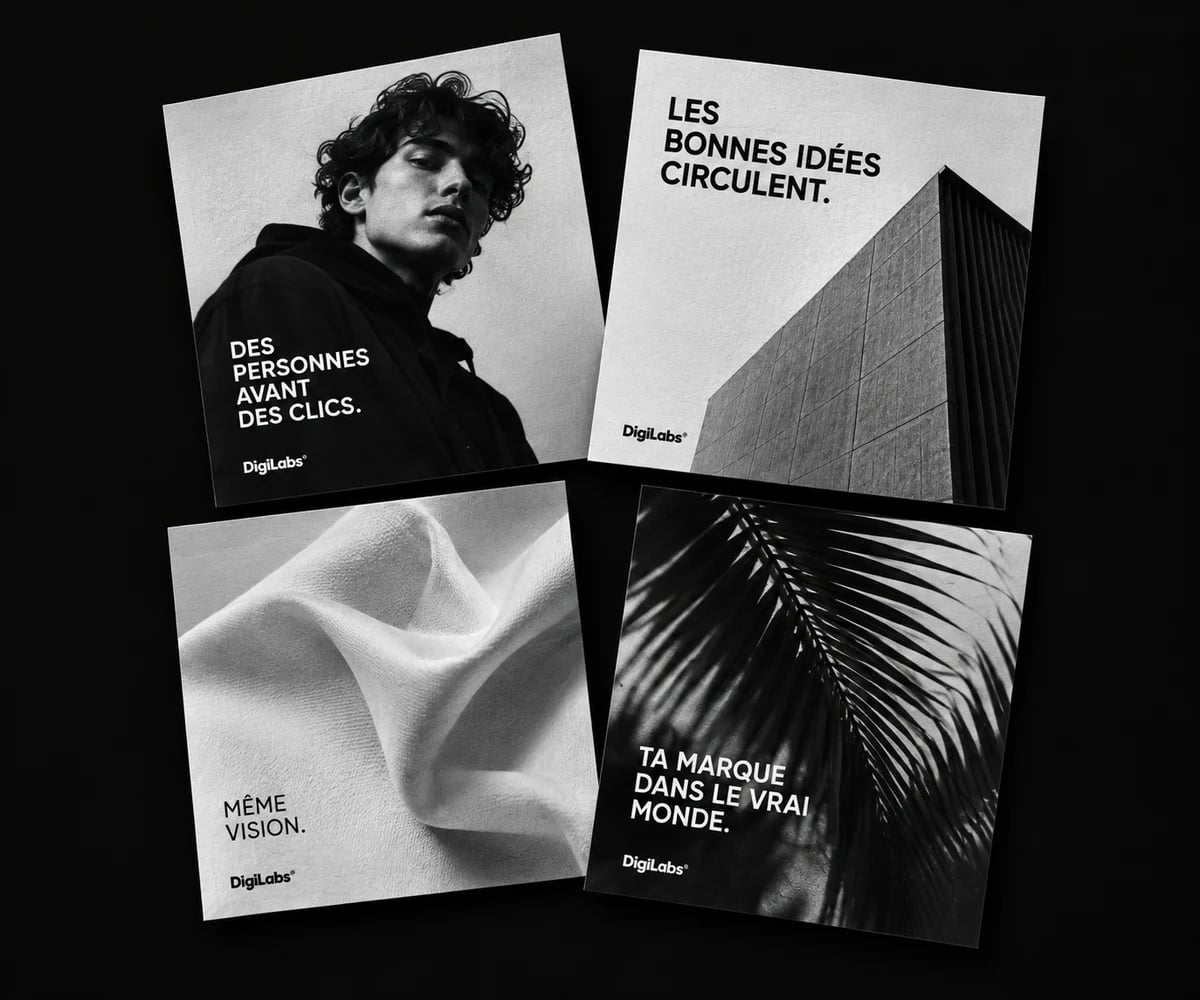 Quatre déclinaisons de contenus pour les réseaux : portrait, architecture, textile et ombres végétales.